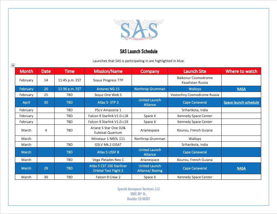 SAS launch schedule