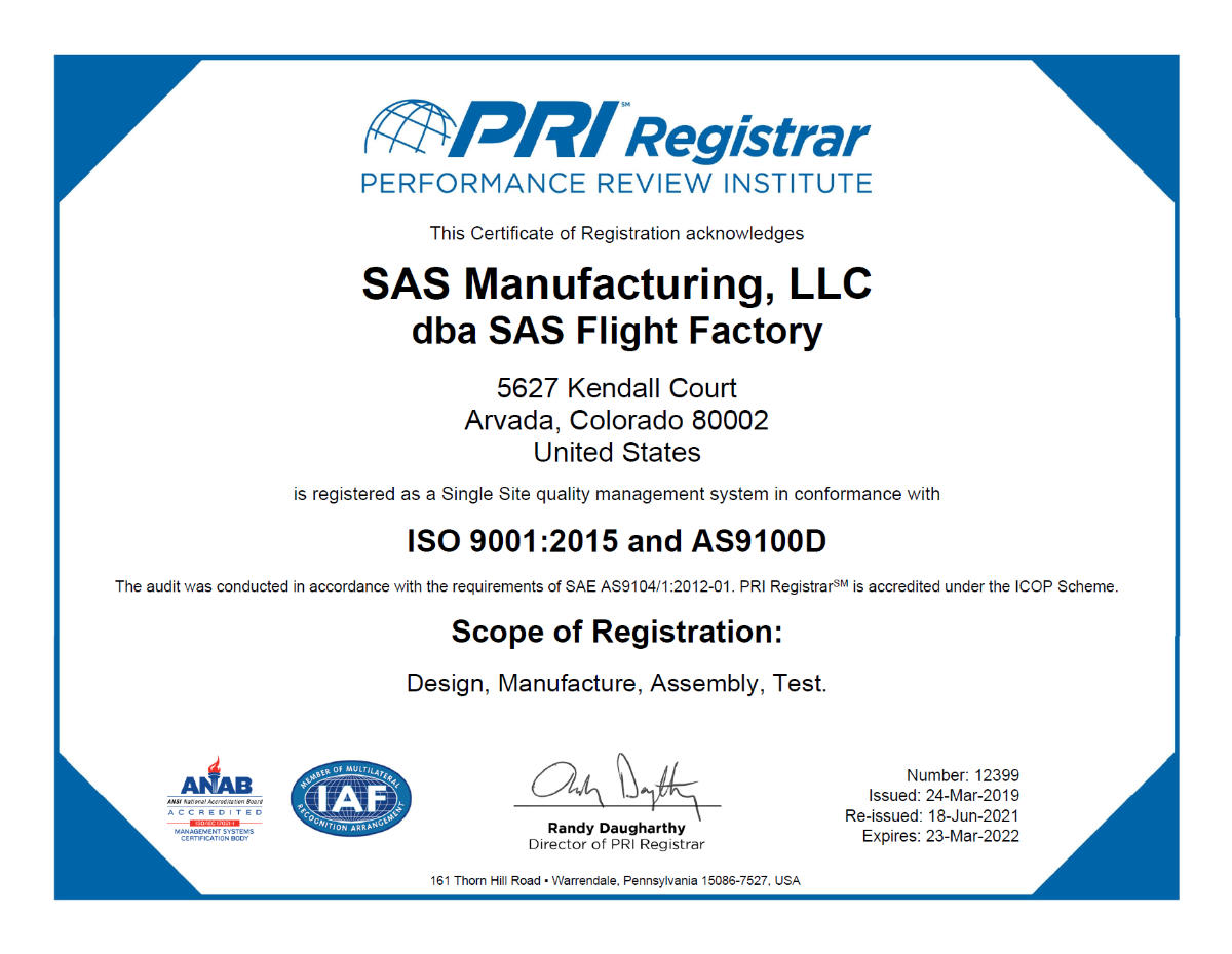 SAS Flight Factory’s AS9100D Certificate of Registration